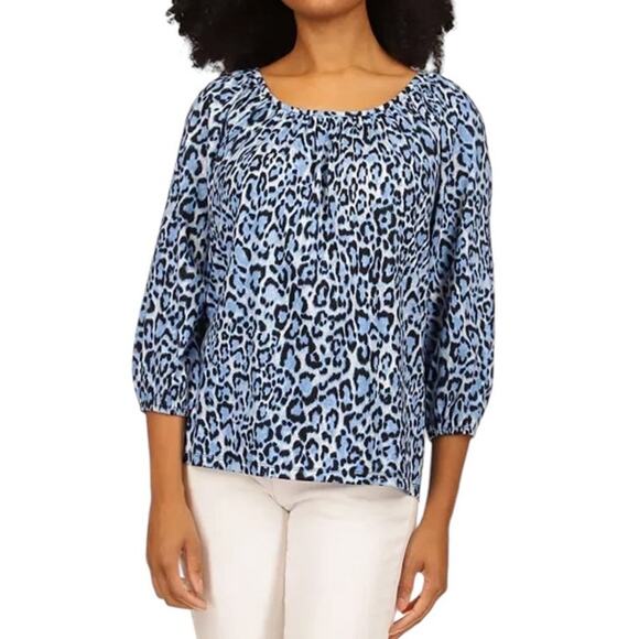 Michael Kors Womens Wildcat Print Peasant Knit Top Blouse Tide Blue Medium NWT - Picture 1 of 7
